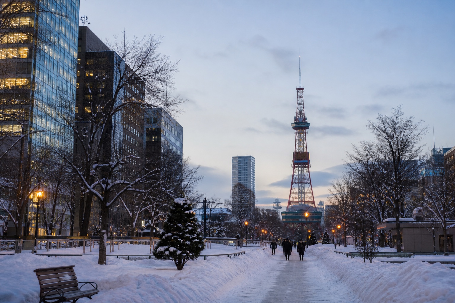 Snow-covered Odori Park looking toward the Sapporo TV Tower in winter light