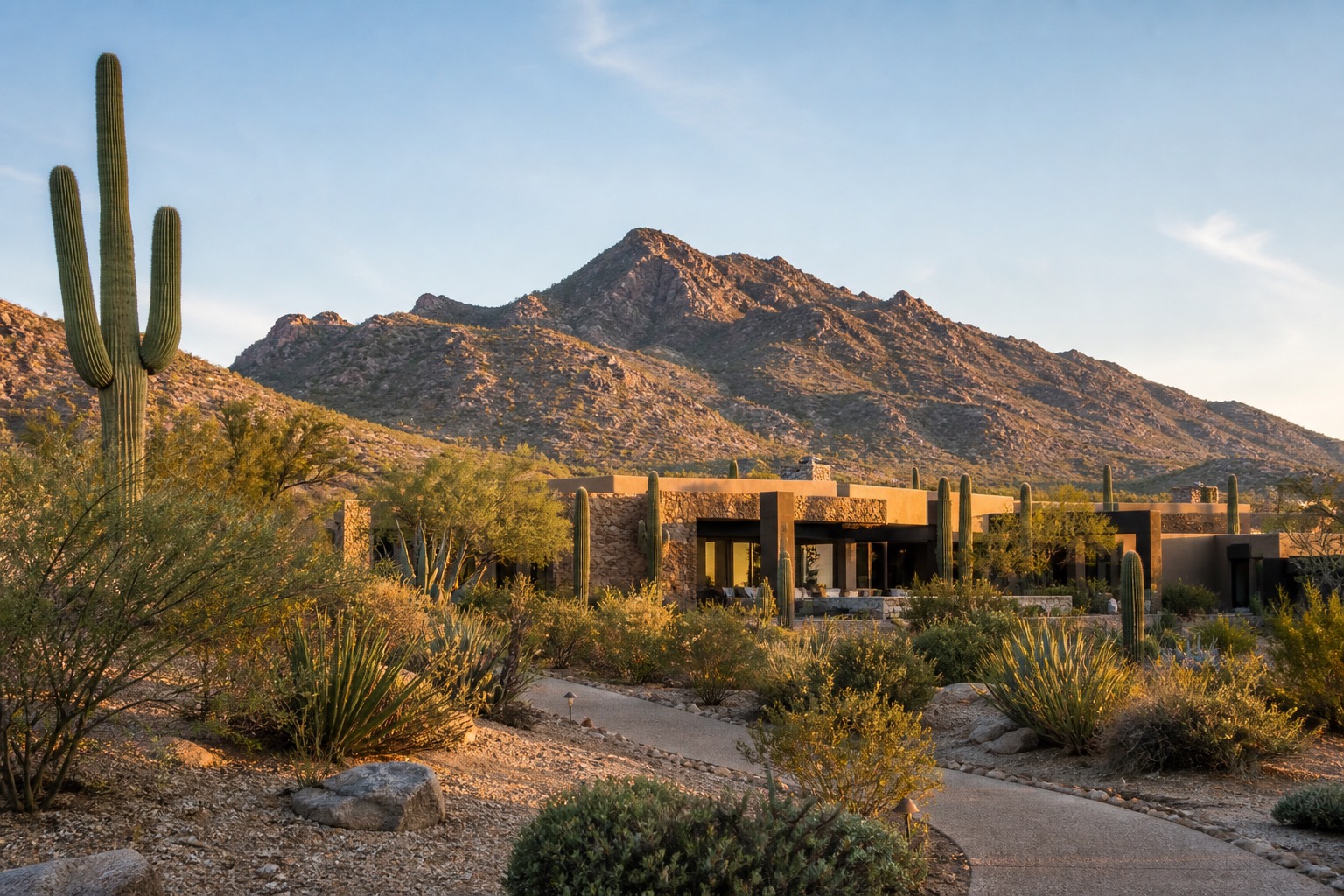 Scottsdale desert architecture, saguaros and McDowell Mountain foothills at sunrise