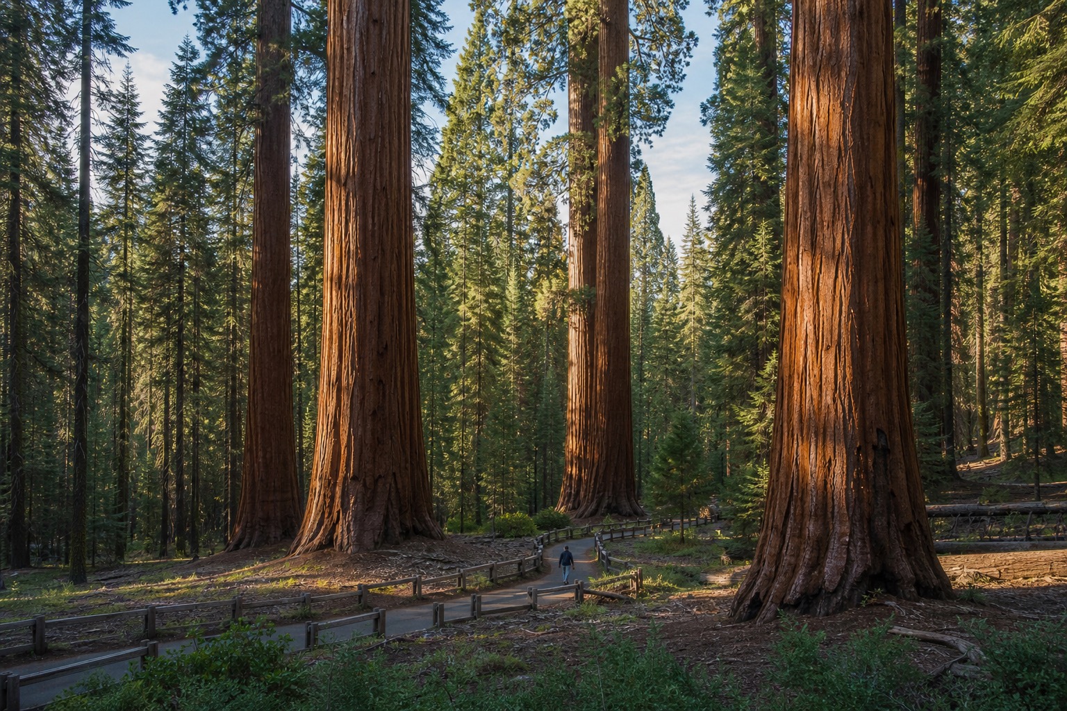 Giant sequoia grove with visitors small beneath immense trunks in filtered natural light