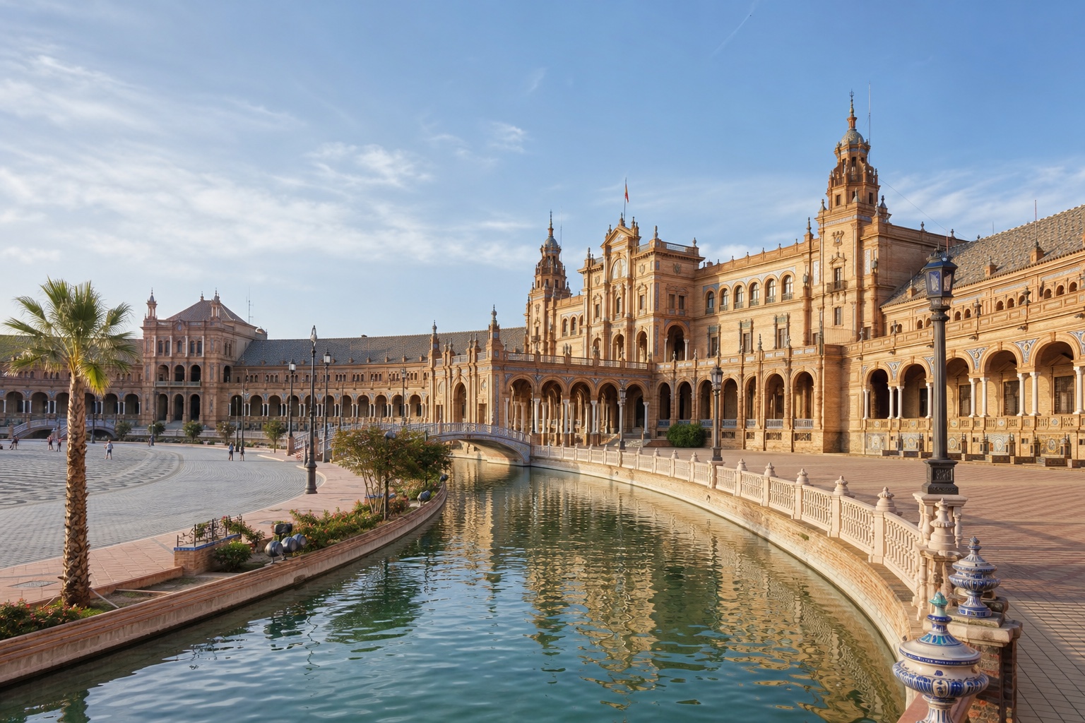 The canal and tiled architecture of Plaza de España in Seville