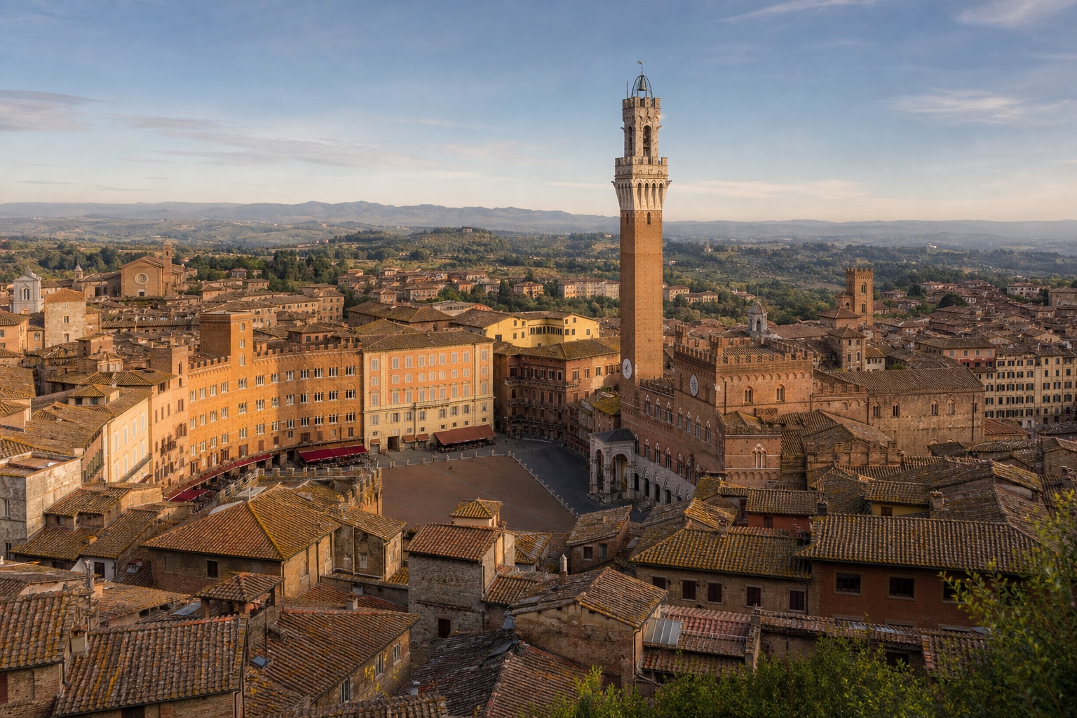 Siena's Piazza del Campo and Torre del Mangia surrounded by terracotta roofs