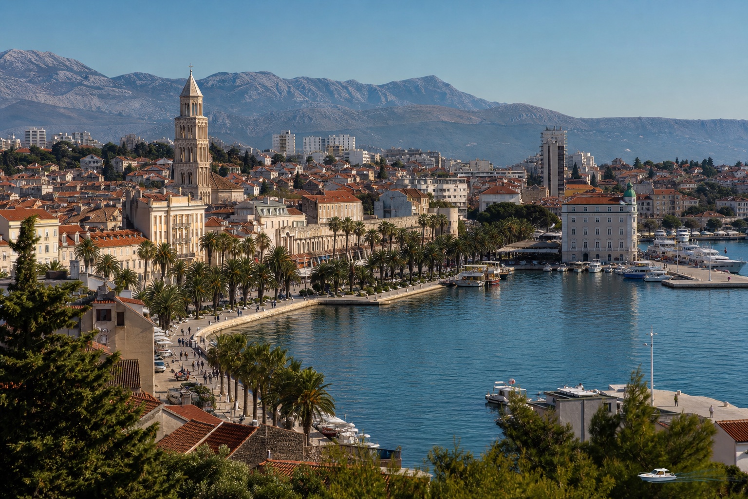 Split's historic waterfront, bell tower, harbor, and mountain backdrop in clear light