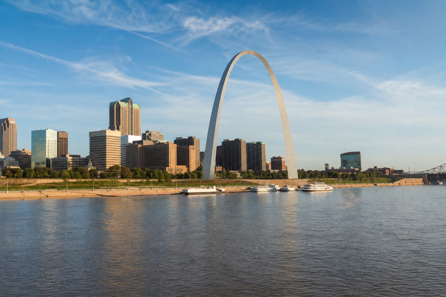 Gateway Arch and the St. Louis riverfront in clear morning light with the city beyond