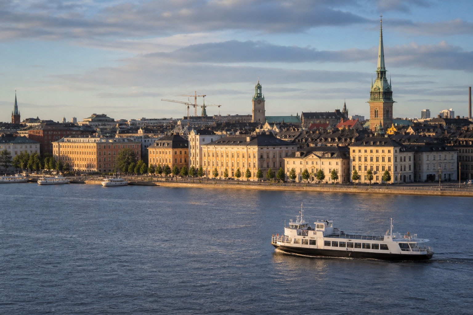 Stockholm old-town waterfront, colorful facades, ferries, and islands under northern morning light