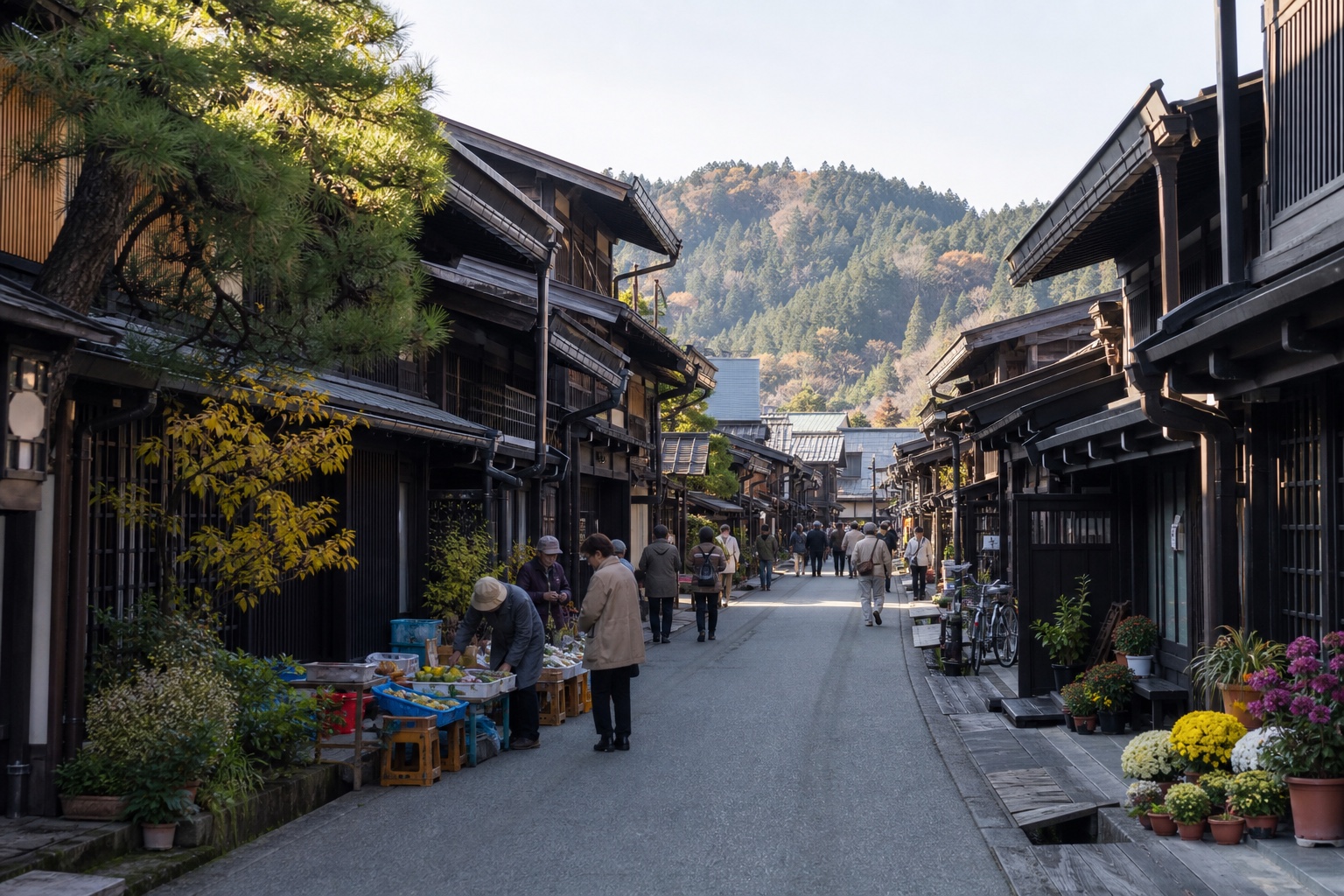 Takayama's preserved timber merchant street, morning market activity, and Hida hills