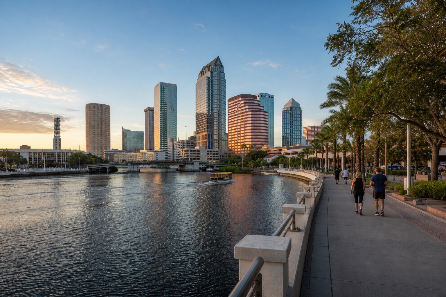 Downtown Tampa skyline and water taxi beside the Riverwalk in warm morning light