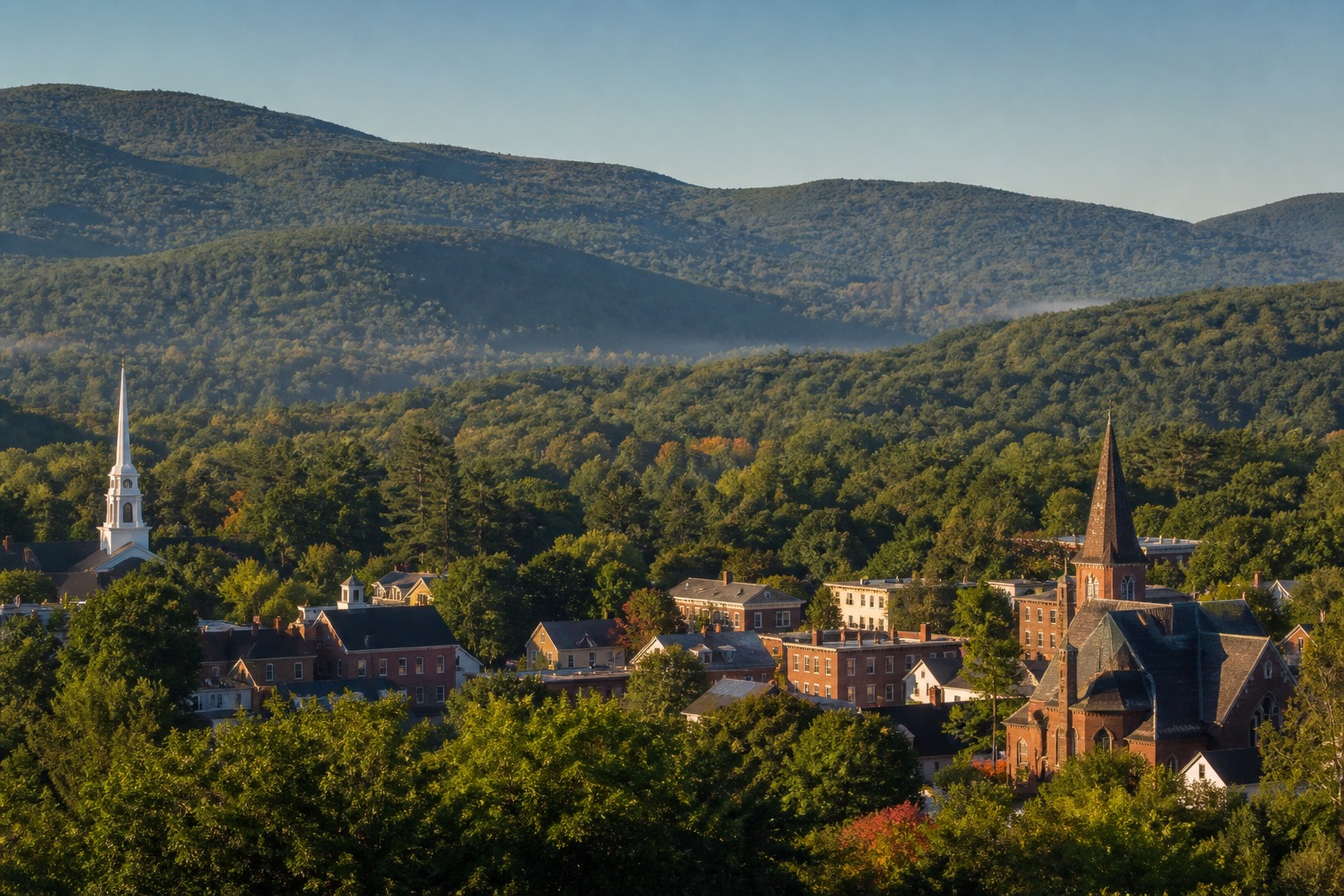 Berkshires wooded hills and a New England village in clear autumn or summer morning light