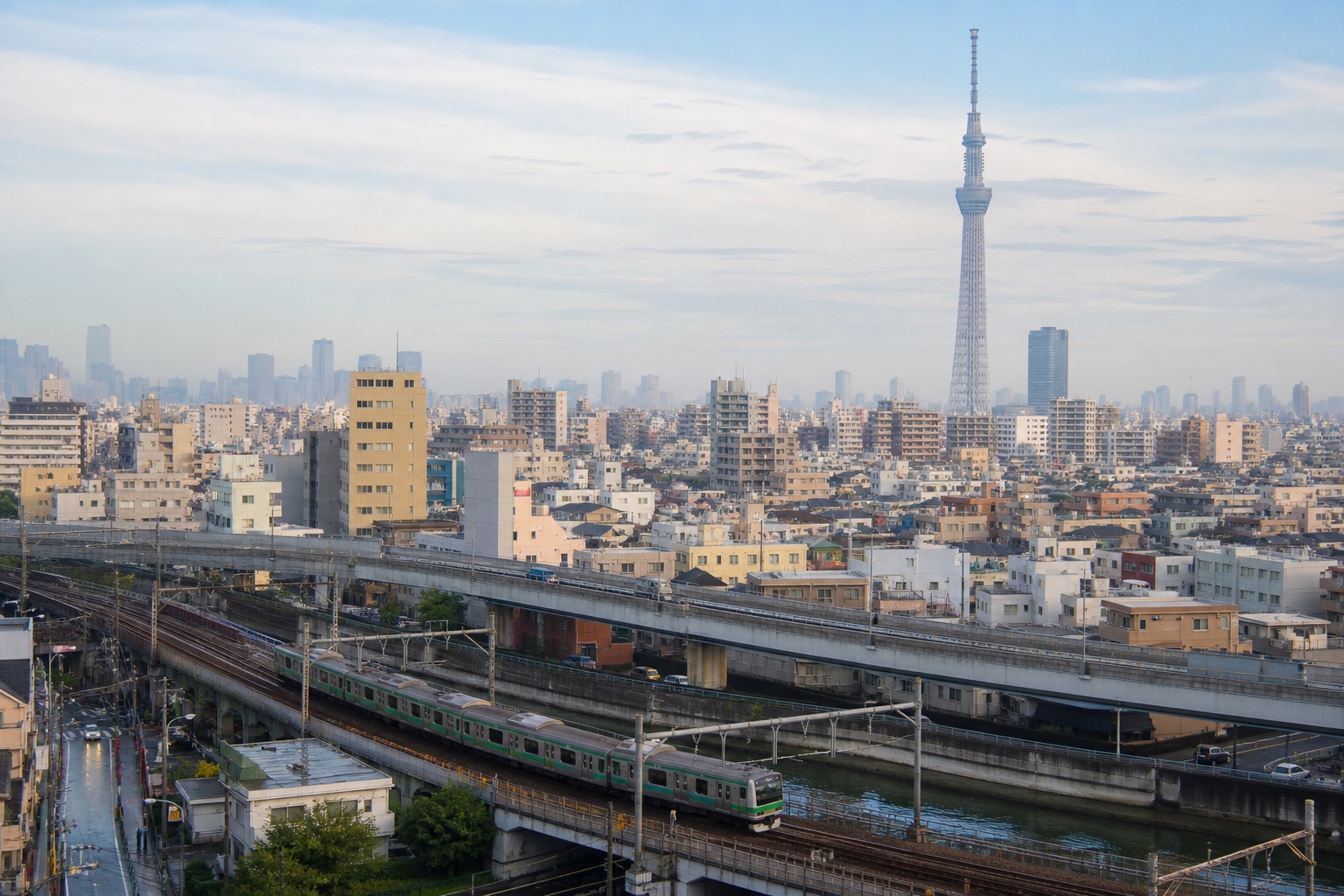 Tokyo neighborhoods and railway lines with Tokyo Skytree in the distance