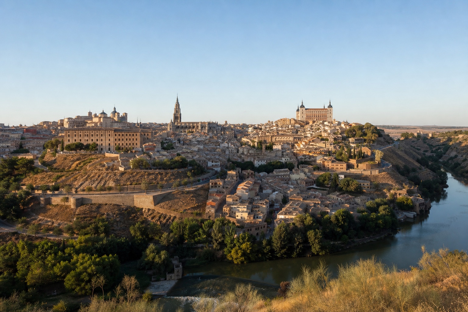 Toledo's hilltop old city, cathedral and Alcazar above the Tagus River in natural Castilian light