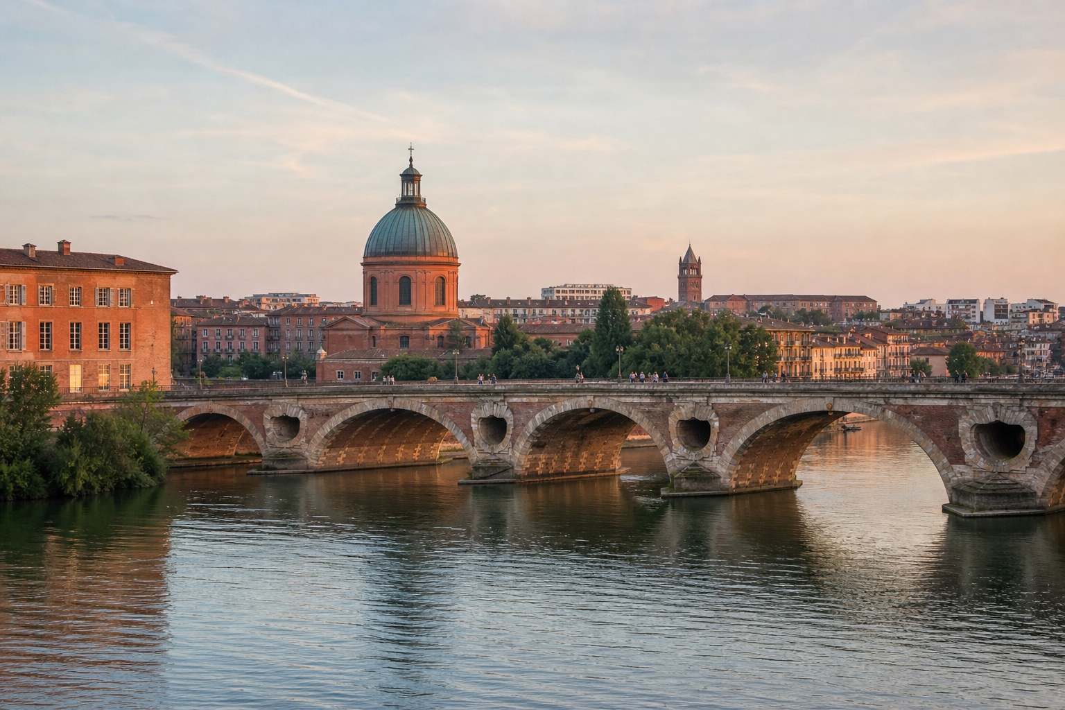 Toulouse's warm brick riverfront and Pont Neuf reflected in the Garonne at early evening