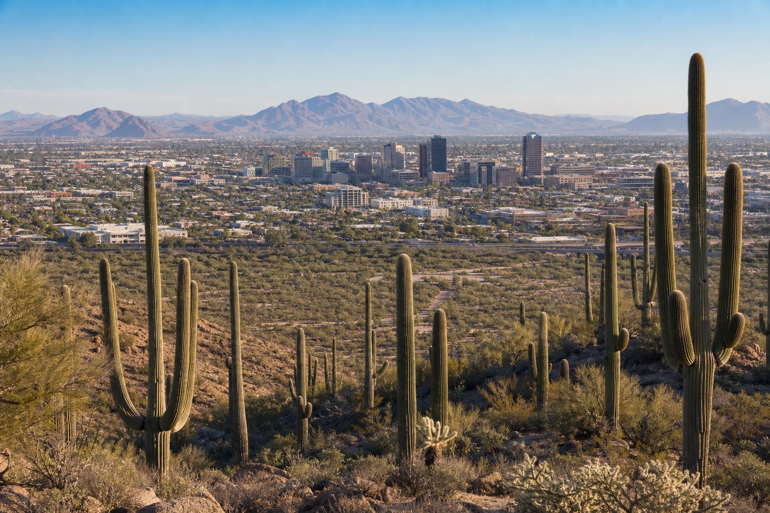 Saguaro-filled Sonoran Desert with Tucson and mountain ranges under warm morning light