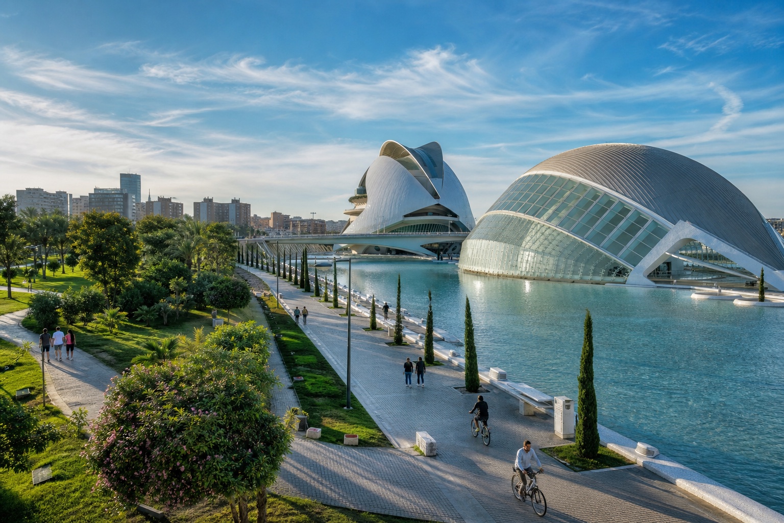 Valencia's City of Arts and Sciences beside reflective water under a clear Mediterranean sky