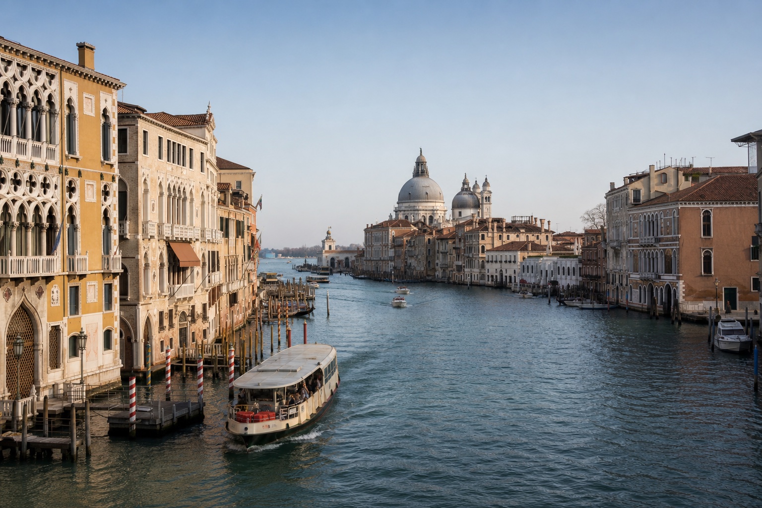 The Grand Canal, Venetian palazzi, a vaporetto, and Santa Maria della Salute in clear morning light