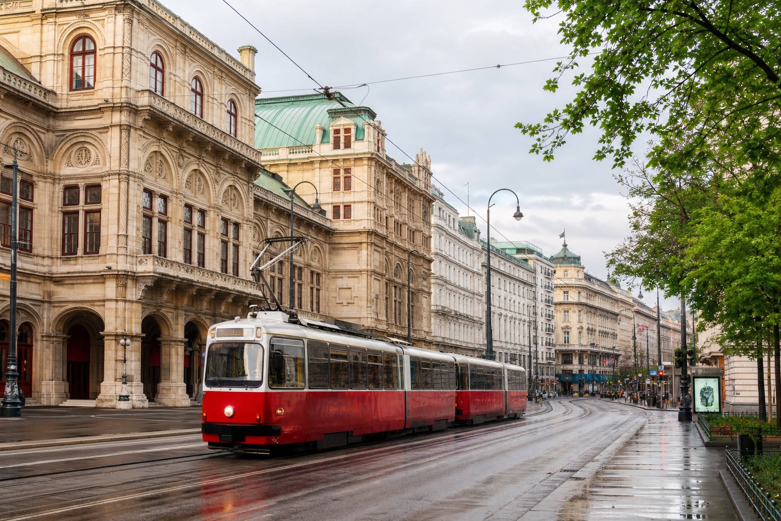 A red Vienna tram passing the State Opera and Ringstrasse buildings after rain