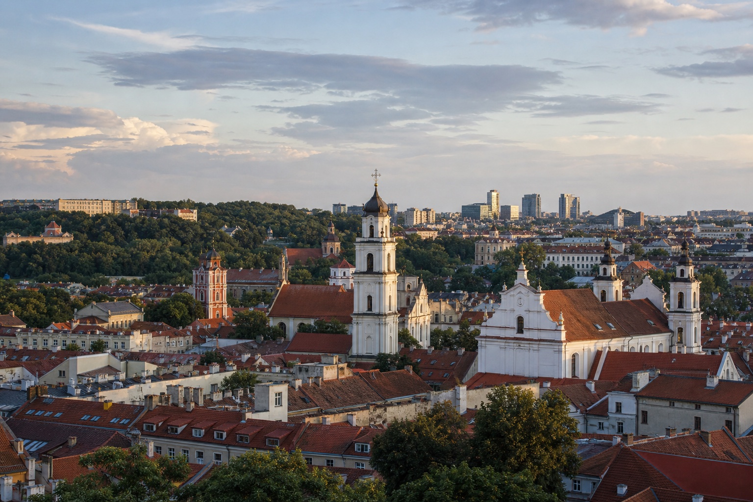 Vilnius Baroque old town, church towers, red roofs, and green hills in morning light