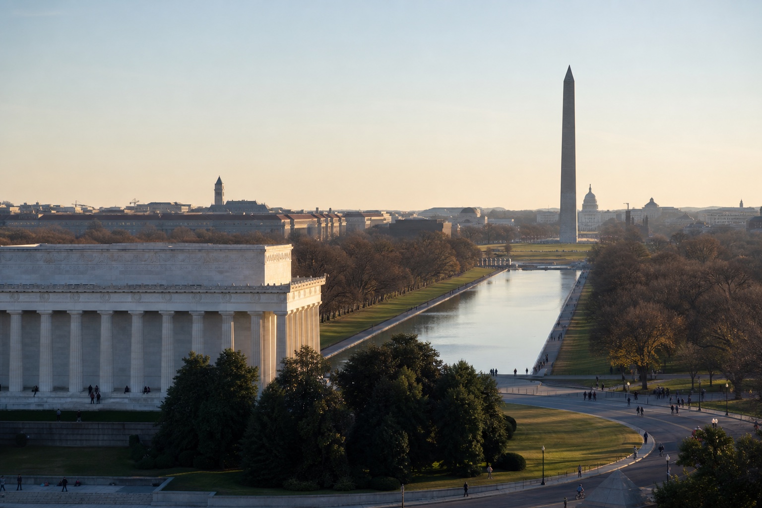 The Lincoln Memorial, Reflecting Pool and Washington Monument aligned across the National Mall