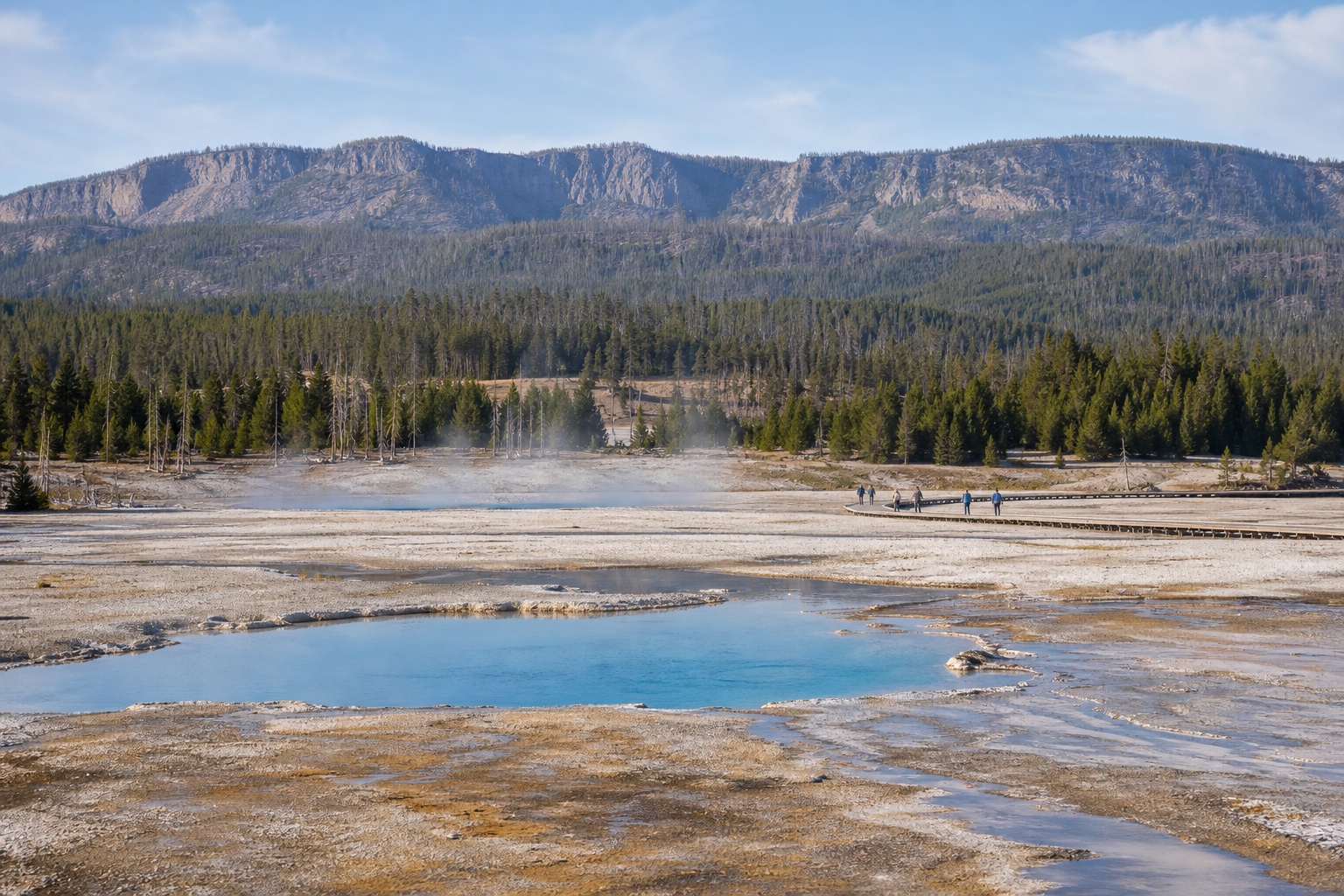 A Yellowstone geothermal basin with blue hot springs, steam, forest and visitors safely on a boardwalk