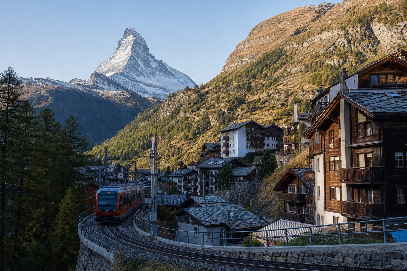 Zermatt village, traditional chalets, mountain railway, and the Matterhorn in clear Alpine light