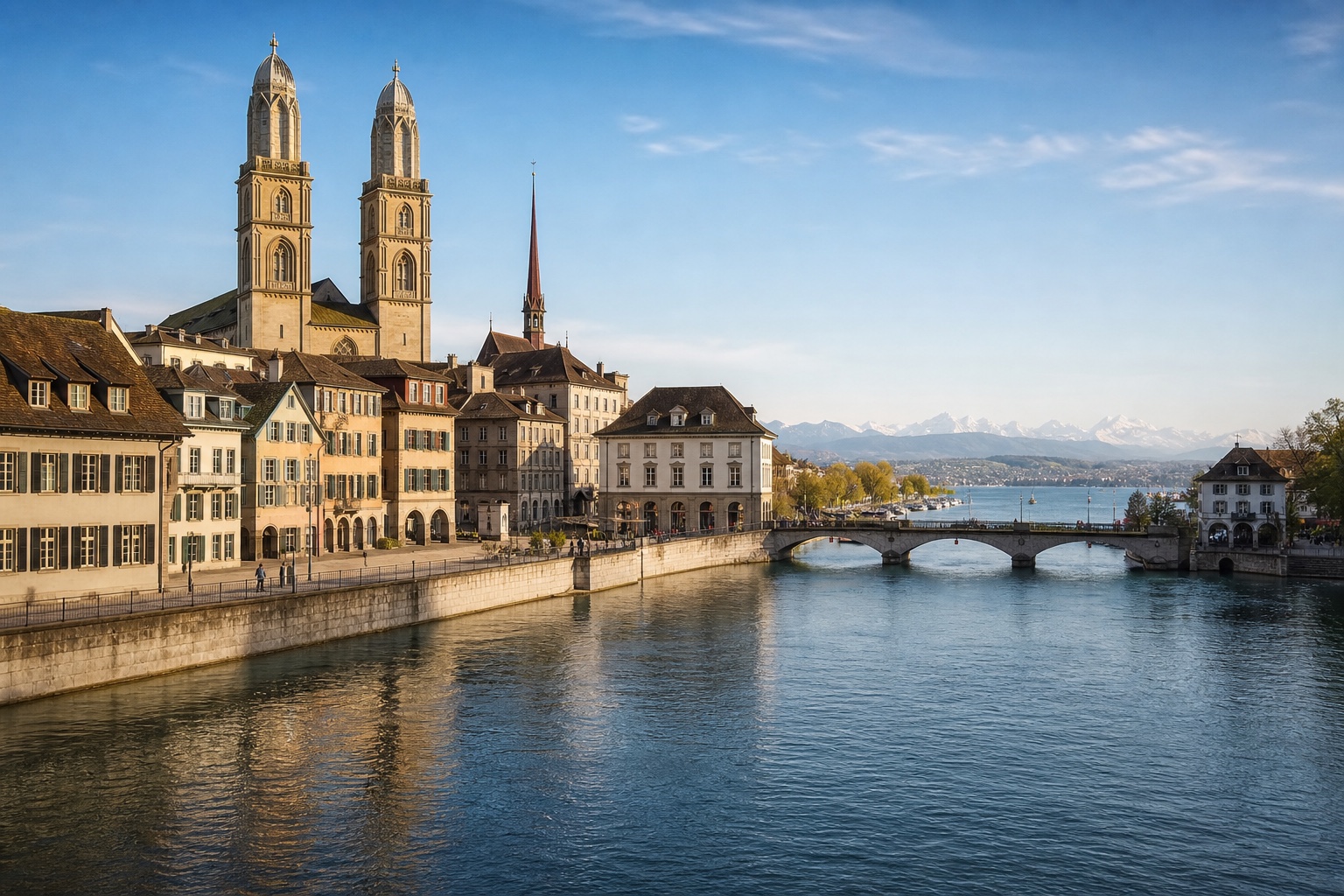 Zürich old town, Limmat river, church towers, lake, and distant Alps in clear daylight