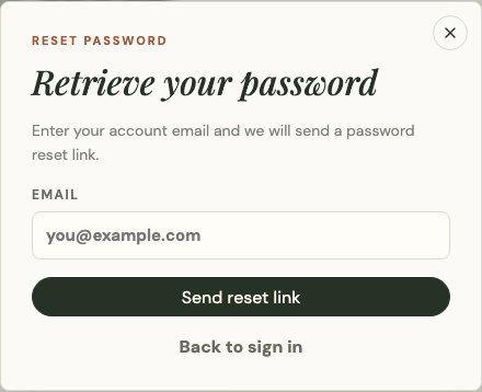The Retrieve your password dialog, asking for an account email, with a Send reset link button and a link back to sign in.