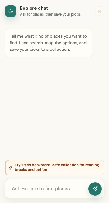 Platix Explore chat showing a suggested prompt and a message box for finding places.