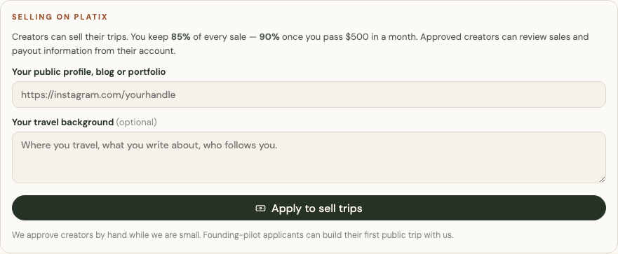 The creator application form, explaining the 85% and 90% revenue shares, with fields for a public profile link and travel background, and an Apply to sell trips button.