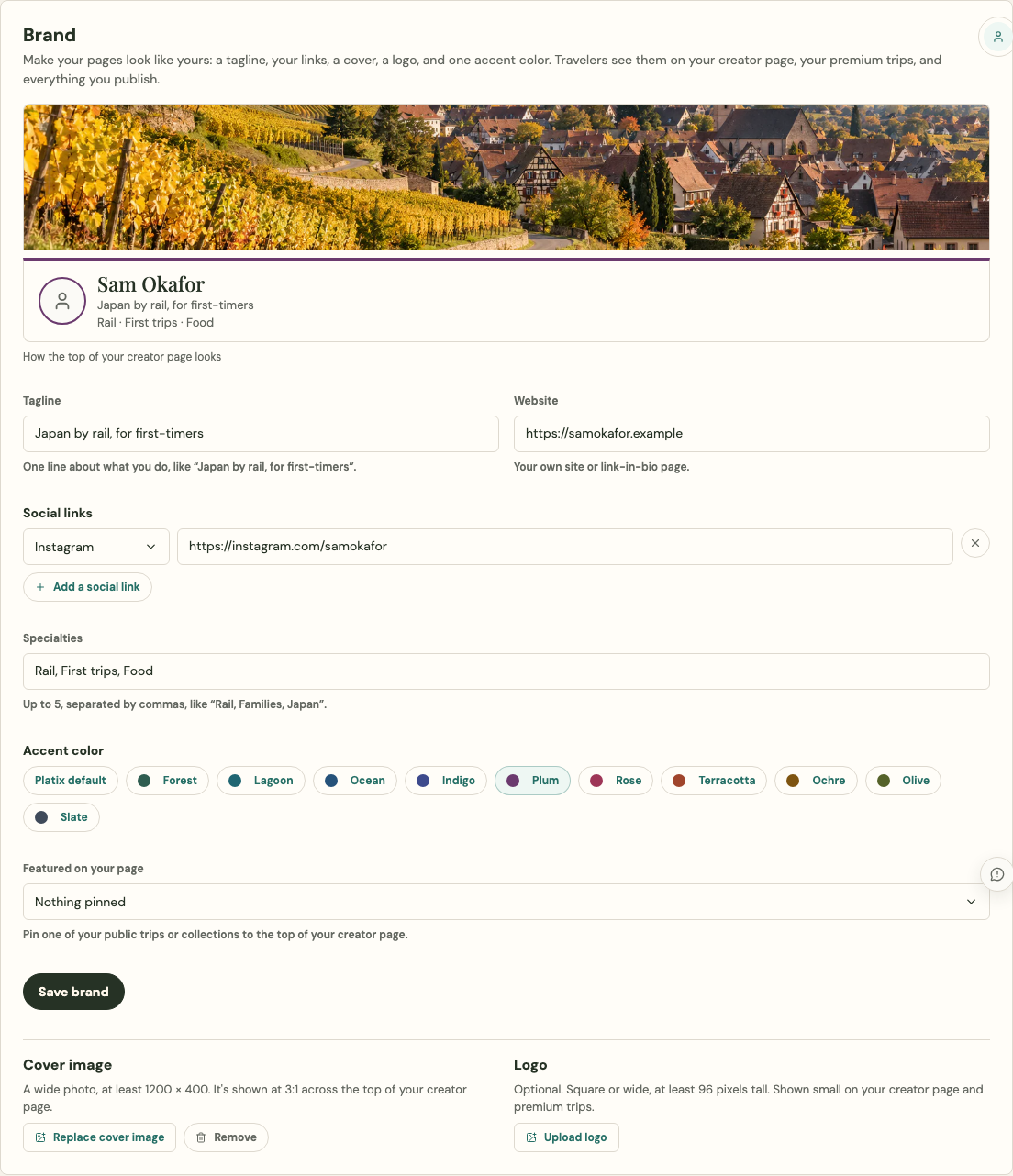 Creator Studio Brand card: a preview of the creator page header, then tagline, website, social links, specialties, accent color swatches, a featured-item picker, and cover and logo uploads.