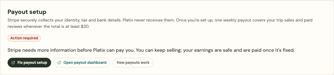 The Payout setup card showing Action required and a Fix payout setup button.