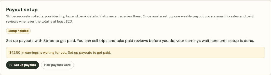 The Payout setup card in Creator Studio Earnings, showing Setup needed, the amount of earnings waiting, and a Set up payouts button.