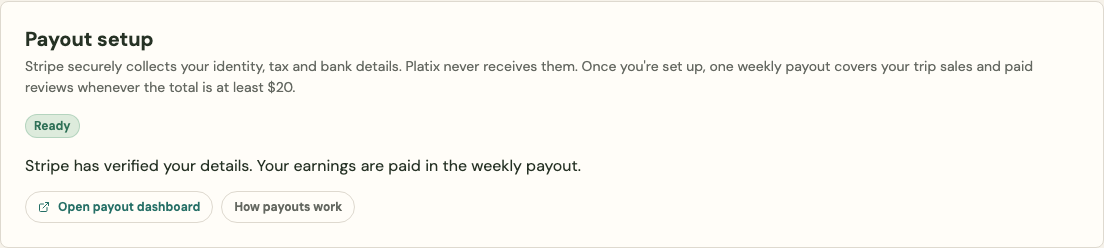 The Payout setup card showing Ready and an Open payout dashboard button.