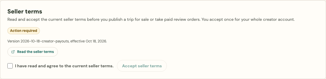 The Seller terms card in Creator Studio Settings, showing Action required, the version and effective date, a Read the seller terms button, the agreement checkbox, and an Accept seller terms button.