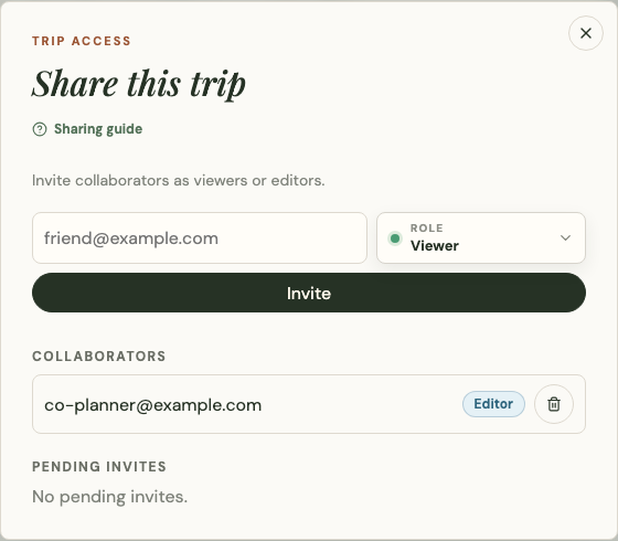 A sharing panel with an email field, a Role selector, an Invite button, and a list of current collaborators.