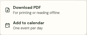 The Save or print this trip menu in a trip's top bar, with two choices: Download PDF, for printing or reading offline, and Add to calendar, one event per day.