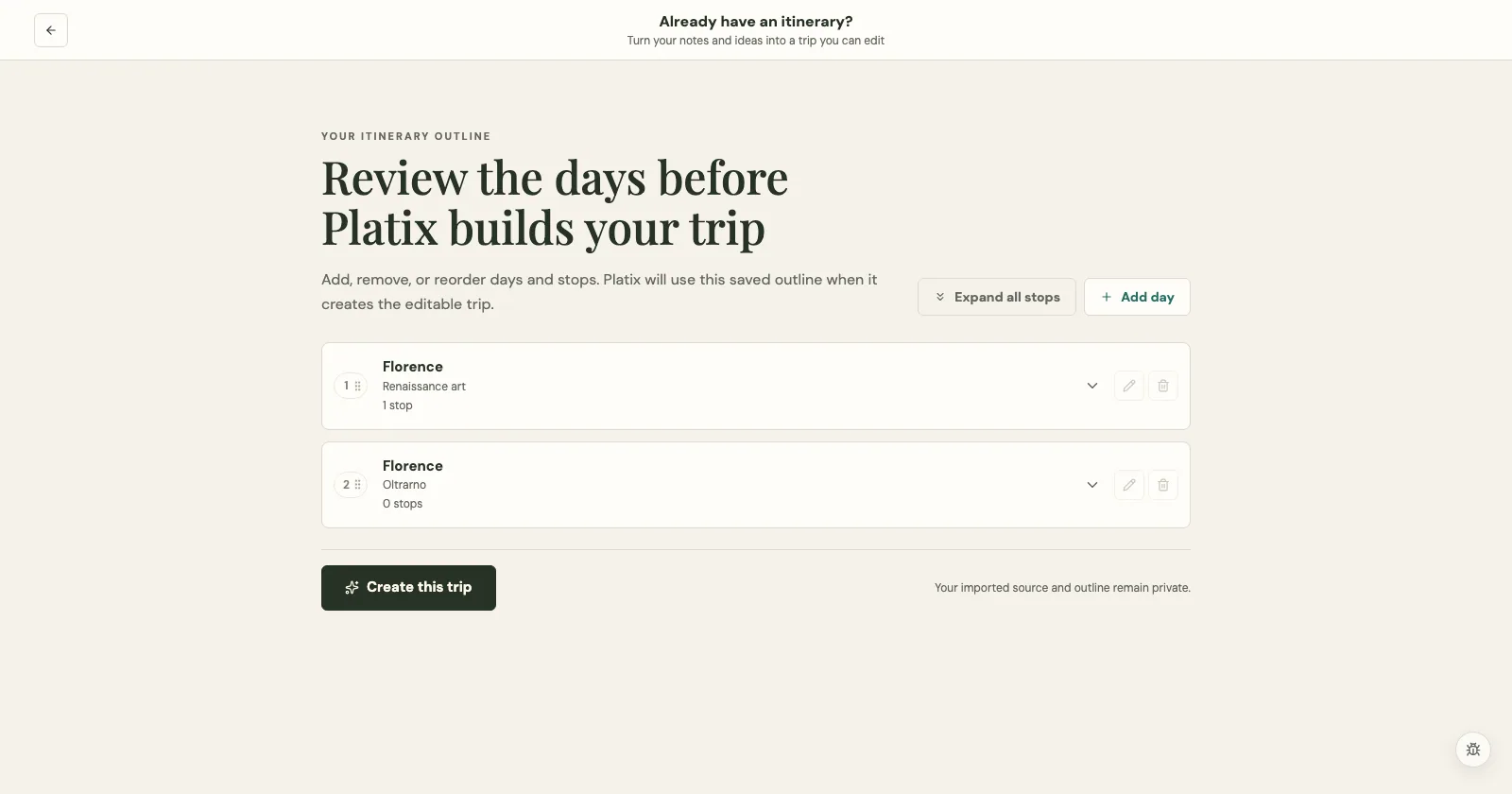 A source-informed itinerary outline with extracted days and locations.