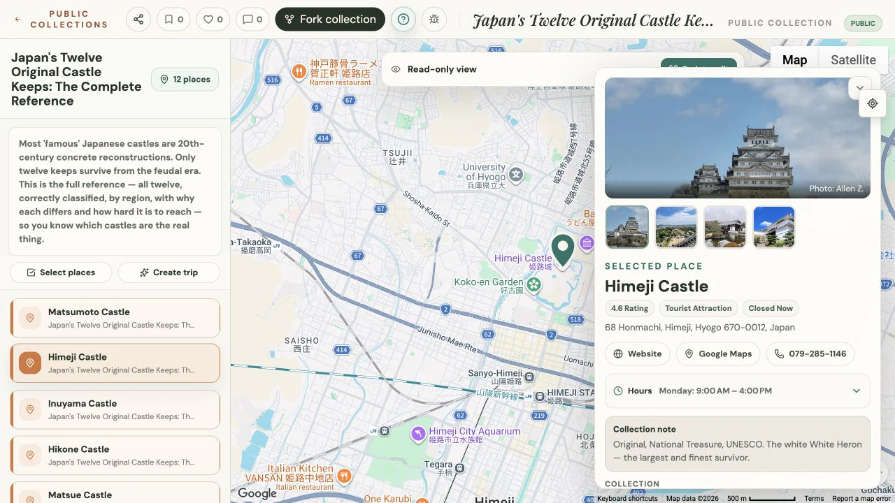 A public Platix collection showing Japanese castle places saved on a map.