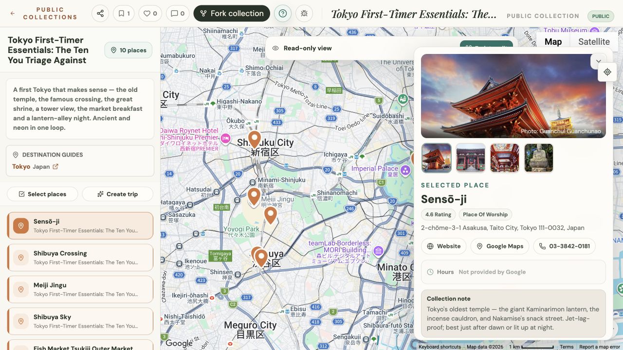 Platix Explore map showing saved places and collection context around Tokyo.