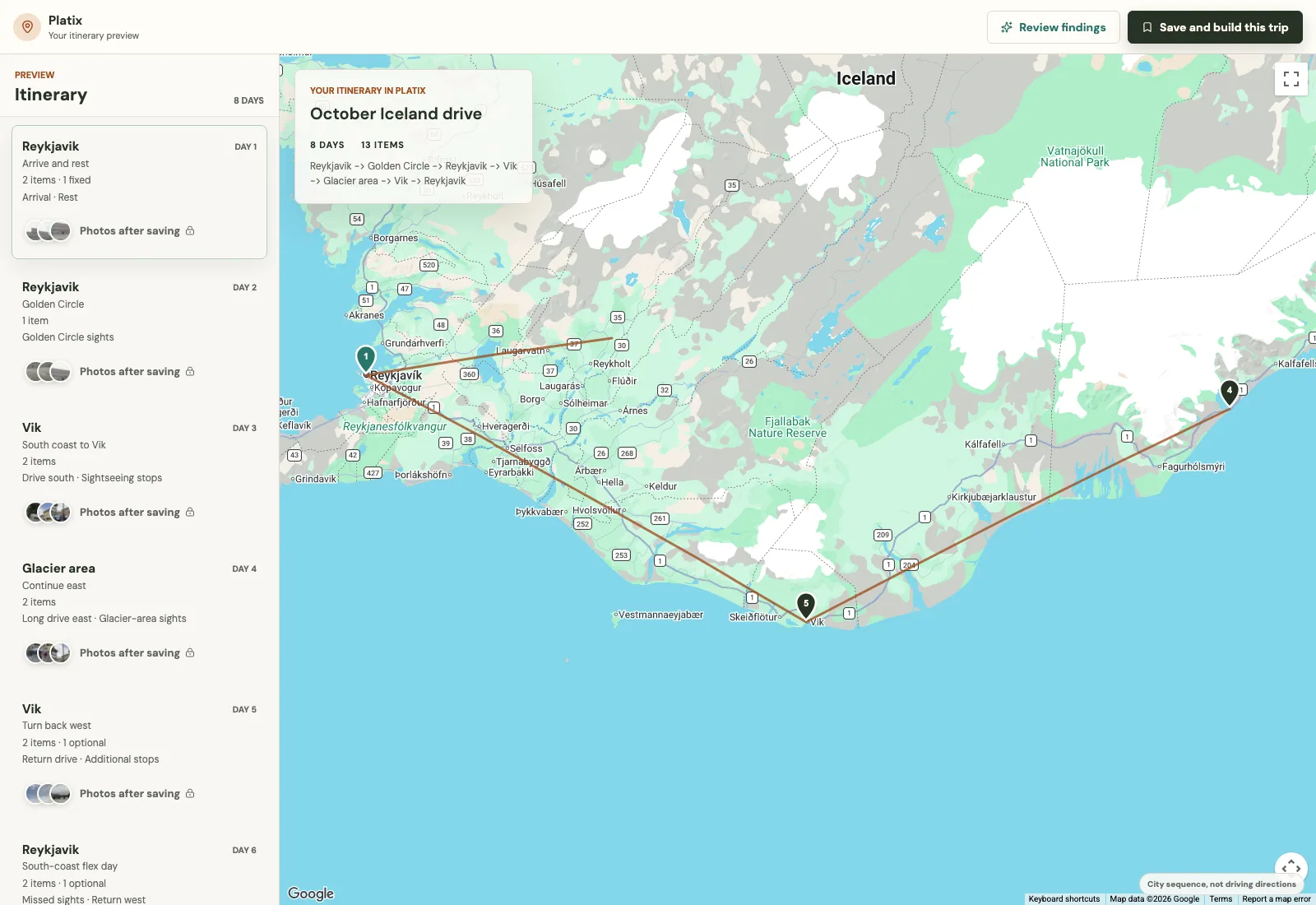 The Iceland itinerary's day cards and route map from Reykjavik to the glacier area and back.
