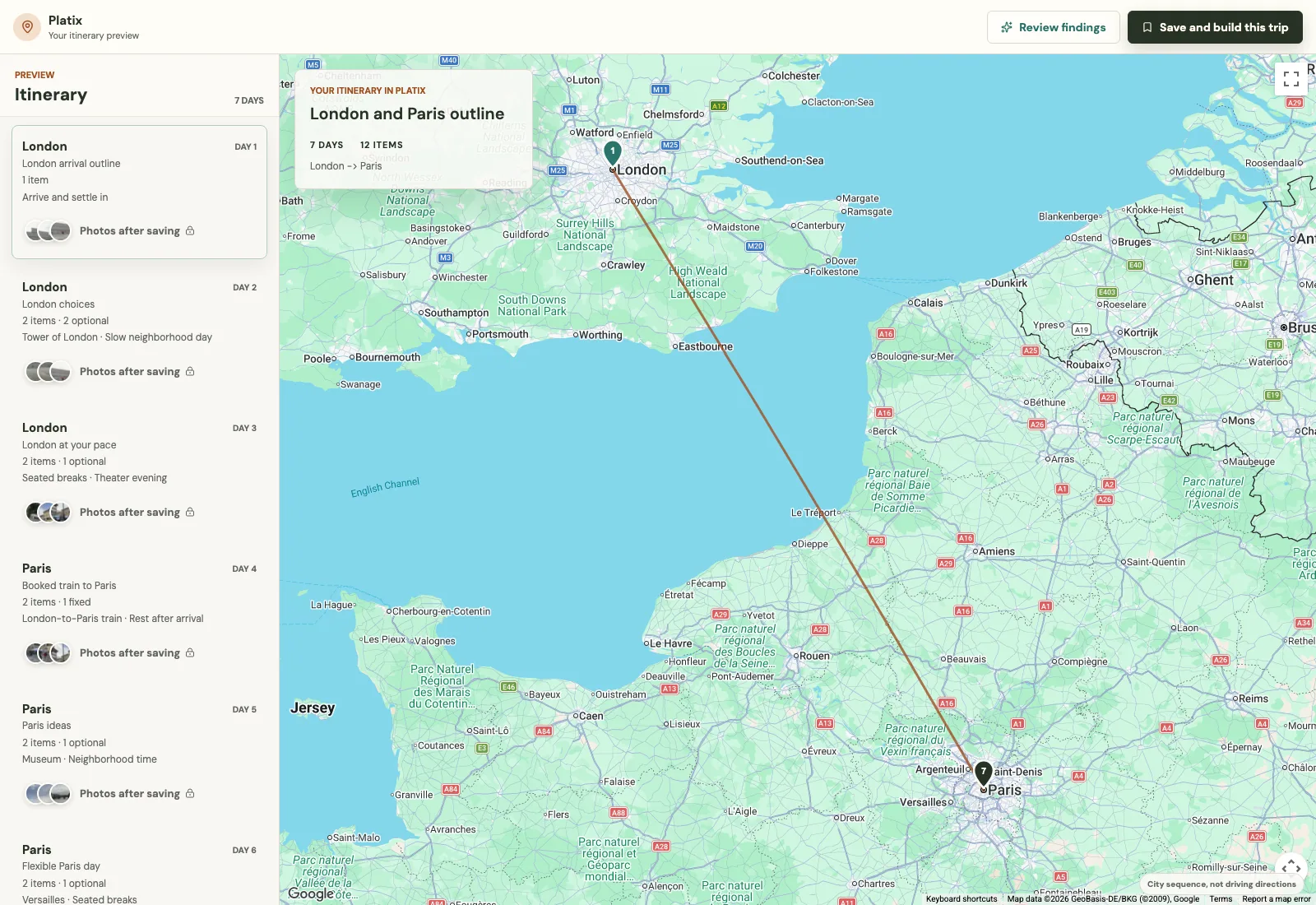 The illustrative London and Paris day outline beside a two-city map.