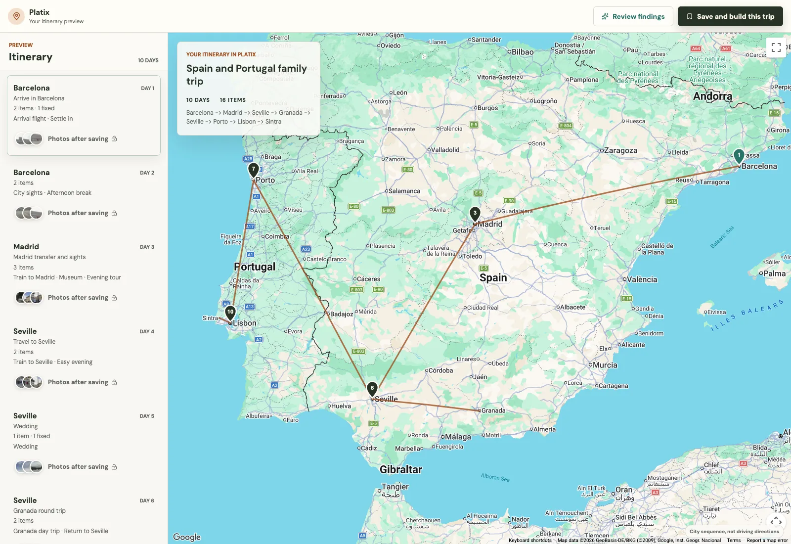 The Spain and Portugal itinerary's day list and city map from Barcelona to Lisbon.