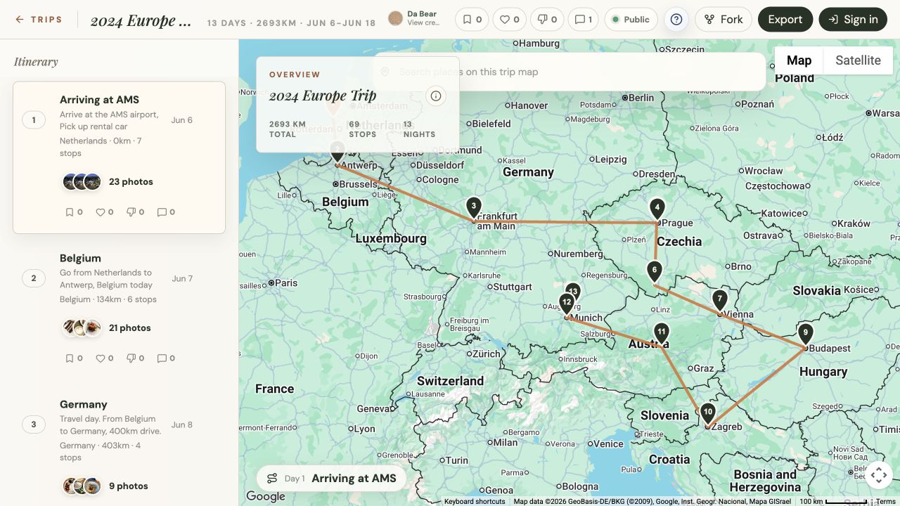 Platix workspace showing the 13-day 2024 Europe itinerary beside its mapped route