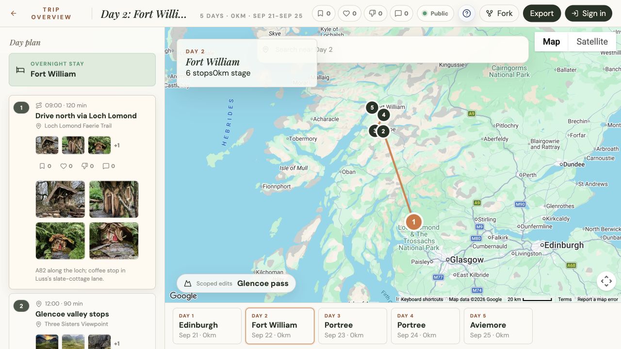 Platix day itinerary and mapped driving route through Glencoe in the Scottish Highlands