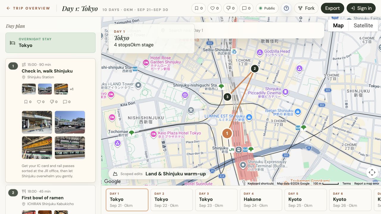 Platix day itinerary and mapped Shinjuku route for a ten-day Japan trip