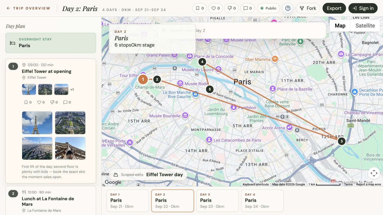 Platix family day itinerary and mapped Eiffel Tower route through Paris